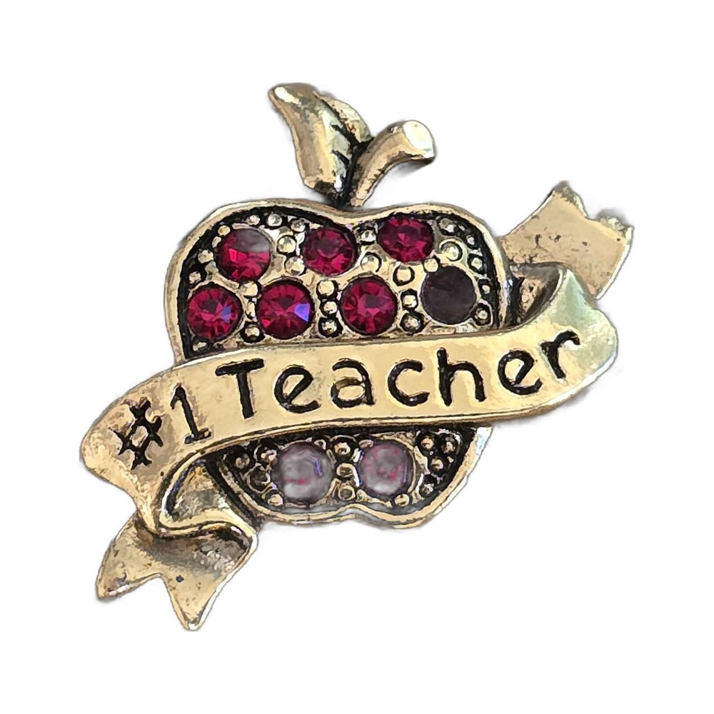 Rhinestone Apple Number 1 Teacher Gold Tone Holiday Lapel Vest Hat Pin H27